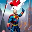 Placeholder: Canadian superhero throwing syrup bottle comic book art, background is a city with a Canadian flag under attack, bald, full beard, M on chest, comic book art, art style by dark horse comics, high resolution, 8k