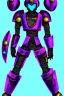 Placeholder: One Genderless Cyborg made of old rusted metal, has a human like face with a really long violet ponytail, they wear armor that is similar to Megaman. The color palatte of the armour is deep purple and yellow. They have Turquoise colured eyes. The Background is dark grey.