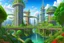 Placeholder: A futuristic alien city, with balconies, verandas, many arches, bridges, spires, paths, trees, dense foliage, Spanish moss, ivy, river, blue sky, white clouds