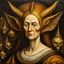 Placeholder: a Dutch Renaissance era oil painting of a malevolent and aged sorceress , highly detailed facial features, in the style of Pieter Brueghel the Elder and Hieronymus Bosch, aged canvas, craquelure finish, archaic masterpiece, 4k