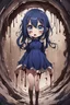 Placeholder: Anime girl with big eyes, darkblue and sepia tones, fullbody, slime, the perspective looking up from the bottom of an empty well, rolling eyes, tongue out, blood drip, open mouth,