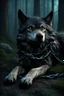 Placeholder: sad small scruffy wolf in chains laying down eyes closed, photorealistic, 4k, dark fantasy, forest