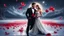 Placeholder: Hyper Realistic handsome muscular man in Black-Tuxedo & beautiful Girl in White-Gown ice-skating on a frozen lake with dramatic environment & red-rose-petals at night