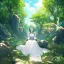 Placeholder: anime girl meditating pose, rock trees, birds, creek, very gorgeous anime girl dressed in white dress, very detailed, trees, birds flying, green trees, creek meditation pose, sitting on a rock, with rays of sun peaking through the trees, very detailed on hands and facial features, details on eyes, cheeks and nose