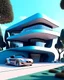 Placeholder: Cartoon of a modern country house, (((Zaha Hadid))) style, trees, two people, car next to it. Complementary colors. 3D