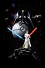 Placeholder: black background onto which the outline of darth vader, face obscured, standing filled with stars nebula and the Death Star is large within, in front in poses from the original star wars posters is Luke Skywalker with lightsaber and Princess Leia Organa with laser pistol both in white clothing atop crumbling stone, the millenium falcon and x-wing fighters and tie-fighters flying among the stars, do not show darth vader's face