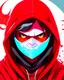 Placeholder: Draw an illustration with a red and white hood and a dragón mask over they eyes