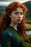 Placeholder: First century 16 year old Scottish Princess with stunning green eyes, red very curly hair, in a blue and gold dress with a loch in the background and Scottish highlands all around