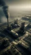 Placeholder: A bird view , An oil refinery and nuclear power station tower , surrounded bard , with old abandoned buildings .surrealism of the dark of a nightmare ten miles high and six foot deep, hyper photorealistic, hyper detailed dark art color, high resolution, fog, octane render, tilt shift, HDRI Environment, all pictures dark gray and brown