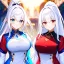 Placeholder: Clear focus, 8k, beautiful lighting, vibrant colors, girl, white hair, long hair, vibrant red eyes, ponytail, same twins, white hair, blue eyes, same clothes,