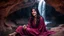 Placeholder: Hyper Realistic Photographic Outside View Of A Gorgeous Pashto Girl (Wearing Simple Burgundy Colored Dress & Wearing Plain Pink Dupatta On Her Neck) Happily Sitting & Smiling Boldy In A Cave & Showing Her Long Black Hair With Waterfall View Outside, With Heavy Rain Outside Cave At Dark Night Showing Dramatic & Cinematic Ambiance.