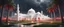 Placeholder: Hyper Realistic massive huge white-red mosque at a rainy night with grassy pathway, palm trees & Thunderstorm