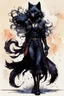 Placeholder: ink wash and watercolor full body concept illustration of an anthropomorphic, fanciful Black Fox, stealthy thief girl character with wildly flowing hair, ornately dressed with highly detailed feathers and facial features in the comic book style of Bill Sienkiewicz and Jean Giraud Moebius, with a fine art aesthetic, highly detailed , boldly inked, 4k UHD cinegraphic quality