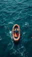 Placeholder: Bosch painting style nightmare , 3D , a man on small rubber boat lost in the ocean close top view, background, high Quality picture , 8k