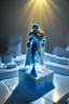 Placeholder: superman chess piece buildt of by yellow stones misty trending, depth of field, backlit, in bright lit ice wall labyrinth