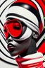 Placeholder: woman with red paint on full face, black round sunglasses, black and white swimming cap on head, black turtleneck, side view by joe scott , afrofuturism, futuristic, pop art, geometric, bizarre, surreal