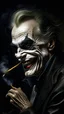 Placeholder: Bosch nightmares paining style Title: a joker face with cigarette in his mouth, smiling 8k,photography, photorealistic concept art, soft natural volumetric cinematic perfect light, chiaroscuro, award-winning photograph, masterpiece, oil on canvas, Raphael, Caravaggio, Greg Rutkowski, people, beksinski, Giger