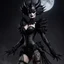 Placeholder: the goth Japanese demonic alien xenomorph clown woman strikes a commanding pose, her figure partially obscured as she faces her adversaries. With a 3/4 view from behind, her unique agent provocateur costume intricately detailed with black lace and tar designs catches the moonlight, casting eerie shadows around her. In this striking Power Pose, she exhibits her formidable attributes through her gothic killstar costume and posture, symbolizing her strength and confidence in the face of danger.