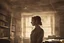 Placeholder: A very old photo of a girl standing in an office with old lighting on the ceiling and spider webs on the walls in a terrifying scene with books flying around her, size 1920 x 720.