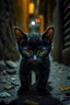 Placeholder: "Create a hyper-realistic image of a small, stray kitten with medium-length soft black fur, and large, hauntingly expressive golden eyes, wandering the narrow, dimly lit streets of a Brazilian urban neighborhood at night. The kitten’s small pointed ears are slightly drooped, and its tiny nose is barely visible in the shadows as it cautiously navigates the alleys. The fur on the kitten’s body is ruffled, each strand meticulously detailed, as it searches for warmth and food amidst the refuse. The