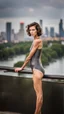 Placeholder: beautiful anorexic young woman, total shot, short shiny anthracite triathlon swimsuit, short brunette wavy bob hair, blurred city background