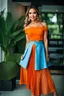 Placeholder: fullbody shot of young-beautiful-ozbek-with-a-perfect-face-with-make-up-wearing-orange top and midi pleated light blue skirt standing , prophesional photography studio