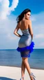 Placeholder: very nice real face beautiful sexy Woman with make up at the beach standing pose in a short lace dark blue and silver dress, full body, 3D coudy sky volumetric nice clouds 8k sharp focus