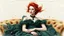 Placeholder: mixed media, multiple exposure, old worn torn plain canvas, grunge, layered, embossed, fine art luminous soft watercolor, glitter, mid-ground, luminosity, highlights, gold fragments, light effects, dark grey-green fragments, dot technique, portrait of Victorian Gothic woman on SOFA, Red hair, light Red lips, fluffiness, wind, airy dark GREEN flowing dress, Fur, swirls, layered, blending, textured, 3D, 8K, best quality, fine rendering, high detail, hyperrealism, high resolution, high definition,