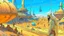 Placeholder: inside a futuristic city in the desert, camels, people in first plane , art of Moebius