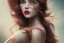 Placeholder: Beautiful portrait female, long brown wavy hair, barrel roll curls, looking down and to the side, full red lips, hand up like blowing a kiss, side profile, painted with wet goauche