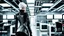 Placeholder: picture from behind the human android female with short white hair, white albino skin , she wearing black-silver-white colors futuristic fashion cloths, full body, she walking in high-tech futuristic office, sci-fi mood, ultra detailed, high contrast, Professional photography