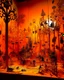 Placeholder: An orange colored metal forest with bugs designed in Javanese shadow puppets painted by Vincent van Gogh