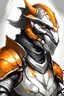 Placeholder: Teenage silver pale dragonborn wearing leather armor and battered helmet with transparent orange visor