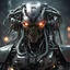 Placeholder: a portrait of an evil combat robot. photorealistic. lots of greebling; little hoses, lights, and weapon systems. terminator, meets predator, meets alien, meets the matrix