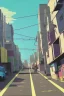 Placeholder: Bauhaus city street, sloped street, street scene, cel - shading, 2 0 0 1 anime, flcl, jet set radio future, golden hour, Swedish town, concentrated buildings, swedish neighborhood, electrical wires, cel - shaded, strong shadows, vivid hues, y 2 k aesthetic