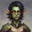 Placeholder: dnd, portrait of cute orc-elf hybrid femboy, black hair, short hair curled hair, hair covering one eye, round glasses, tusks, sharp teeth, yellow eyes, flat chest, mage