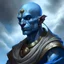 Placeholder: dnd, fantasy, cloud giant, portrait, face, close up, blue skin, clean shaven, bald, ascended, elegant, angular features, light arabic clothes, exotic features