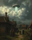 Placeholder: Bosch painting style, nightmare , people in an old village from the 3ed century, dramatic, great quality picture with cinematic scenes , show a UFO among the heavy clouds in the background