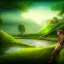 Placeholder: Landscape, the shire, fantasy, green, Brown, warm, a man sitten by the river