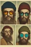 Placeholder: Hippie bohemian young ugly man with Parisian bohemian look and glasses of colours and poor and short short short and poor hair on the head with receding hairline. Farsightedness glasses with big eyes. Long beard. Vintage look and feel like photo styleof the 70s