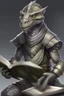 Placeholder: reptilian humanoid, kobold, grey diamond - shaped scales, big magic book