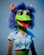 Placeholder: hybrid character, waitress sexy woman with monster muppet mask that covers her entire head, red and blue, short shirt, tray, old school tattoo, retro style, Sesame Street style, hot, smooth, unreal engine 5, god lights, ray tracing, RTX, lumen lighting, ultra detail, volumetric lighting, 3d.