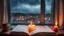 Placeholder: cozy living room window, looking out into the rainy stormy street, car headlights and street lights can be seen outside from the window, a fat candle burning on the windowsill, an open bible sitting next to the candle, add vibrant colors