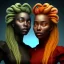 Placeholder: 3D. Detailed Painting .realistic. Dark skin women. Beautiful. the faces of two young black women. Warm. Fire nymphs emerging from the flames.red.. Energy. Focus. THeir hair looks like smoke .smoke curling. Dreadlocs. Their skin is the colour of charcoal . Their hair moves like smoke. . their clothing is made of flames, red. Orange. Yellow. White and gold