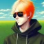 Placeholder: a man in a orange coat is standing in a field, blonde hair, black sunglasses, concept art by Hiromu Arakawa, featured on pixiv, superflat, official art, anime, 2d