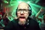 Placeholder: en manlig (breaking bad lookalike) skallig och goatee och glasögon, (ansat skägg) DJ (med hörlurar) som sjunger nära in i kameran, väldigt exalterad, och folk som dansar våldsamt i backgrunden på ett techno disco, svartvit bild, prodigy trash style