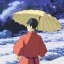 Placeholder: A man in old Japanese clothes is standing in nature while it is raining no umbrella. It is winter. high quality , high details , cinematic effect unreal engine, dream style , magic style ,