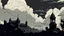 Placeholder: eerie cloud with graveyard in the background in the art style of mike mignola