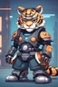 Placeholder: samurai tiger, cute, 2D, cartoon cute male robotiger with black sneakers, white short beard, front view, wearing a samurai costume, lit robo tiger , 32k uhd, round,8k,HD, blue wall background