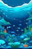 Placeholder: Vista del fondo del mar, con volcanes, peces, tiburones, corales, estrellas y caballitos de mar, el agua en diferentes tonos de azules y verdes